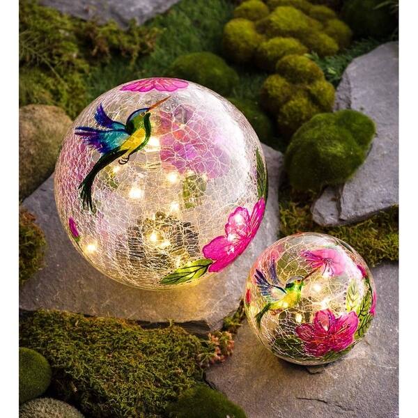 slide 1 of 1, Hummingbird Crackle Glass Solar Globes, Set of 2