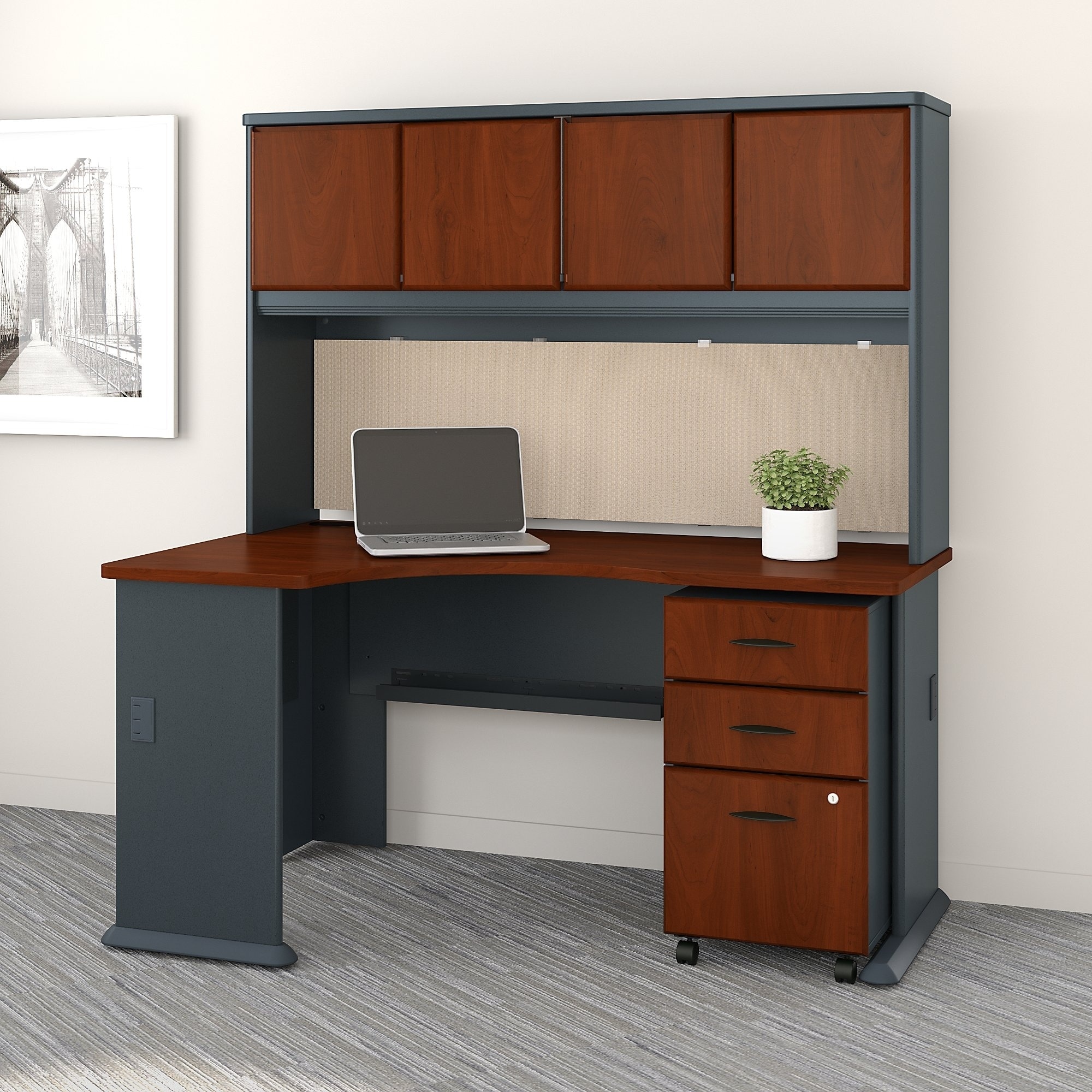 Series A Left Corner Desk, Hutch And File Cabinet In Cherry Brown 