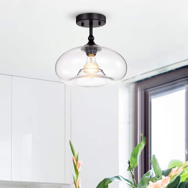 slide 2 of 3, Masix Matte Black 1-Light Semi-Flushmount Lamp with Donut Glass Shade
