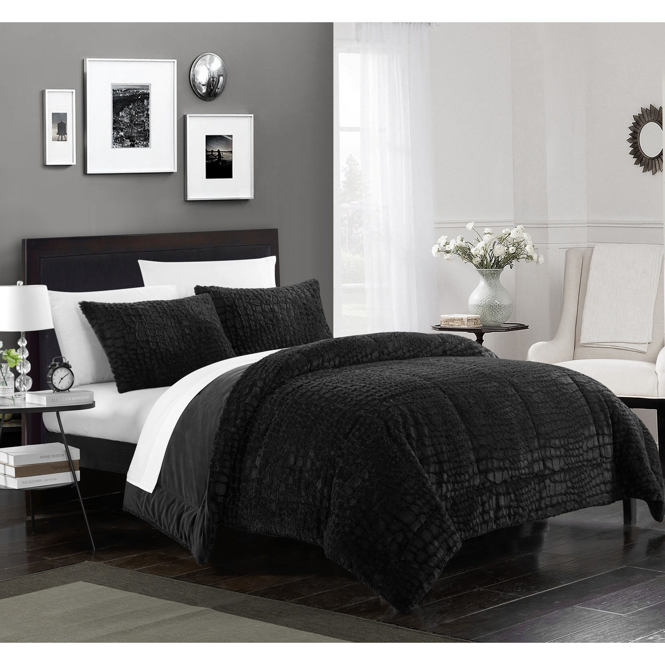 black faux fur comforter set queen