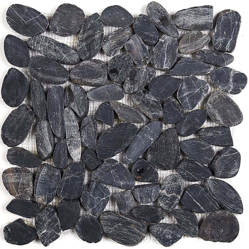 Decorative Stone Accent Flat Pebble Mosaic Tile in Black River - 12x12