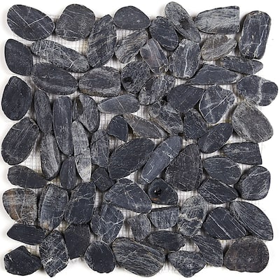 Decorative Stone Accent Flat Pebble Mosaic Tile in Black River - 12x12