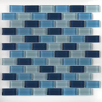 Glass Accent 2x1-inch Brick-Joint Mosaic in Winter Blues - 12x13