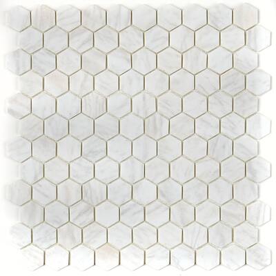 Molten Glass Mosaic 1-inch Hexagon Mesh Mounted Tile in Carrara - 12x12