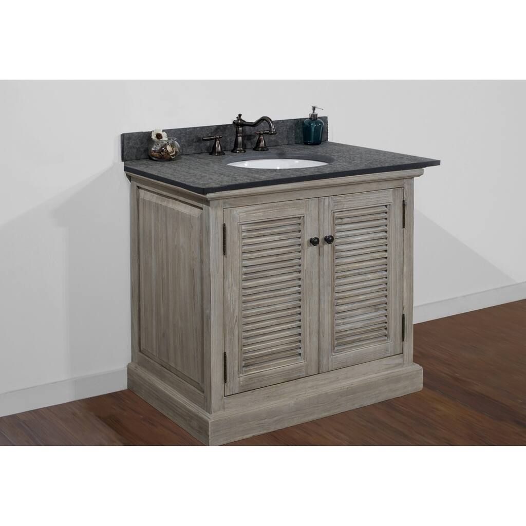 36-inch Rustic Style Single Sink Bathroom Vanity in Grey-Driftwood Finish with Polished Textured Surface Granite Top-No Faucet