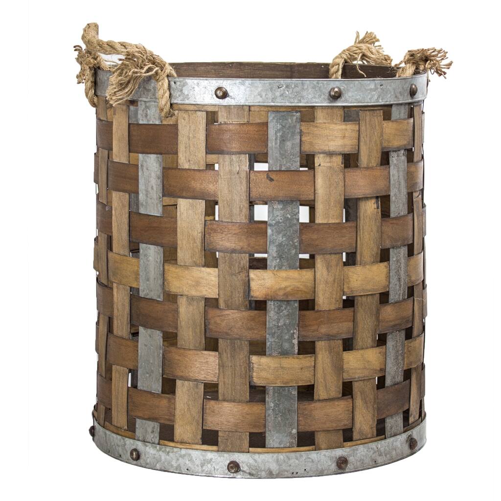 American Art Decor Rustic Wood and Metal Storage Basket Farmhouse Decor (Large)