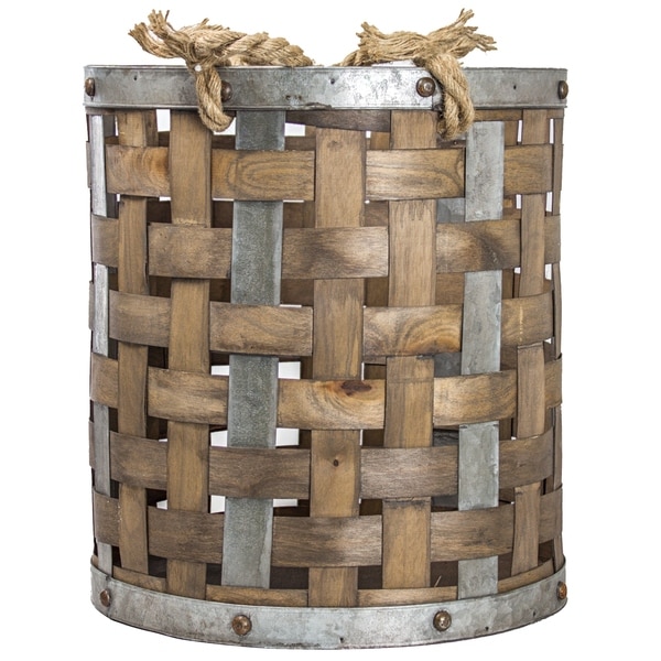 American Art Decor Rustic Wood and Metal Storage Basket Farmhouse Decor (Small)