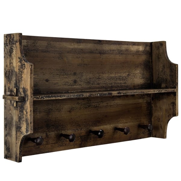 American Art Decor Rustic Wood Storage Shelf with 5 Hook Coat Rack  Farmhouse Decor - Bed Bath & Beyond - 20784616