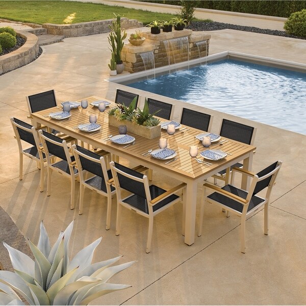 Oxford Garden Travira 11-piece 103-in x 42-in Tekwood Natural Table & Sling Armchair Dining Set - Ninja Sling. Opens flyout.
