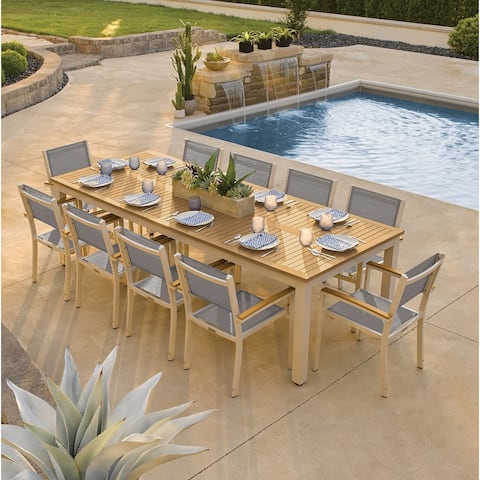 Oxford Garden Travira 11-piece 103-in x 42-in Tekwood Natural Table & Sling Armchair Dining Set - Titanium Sling