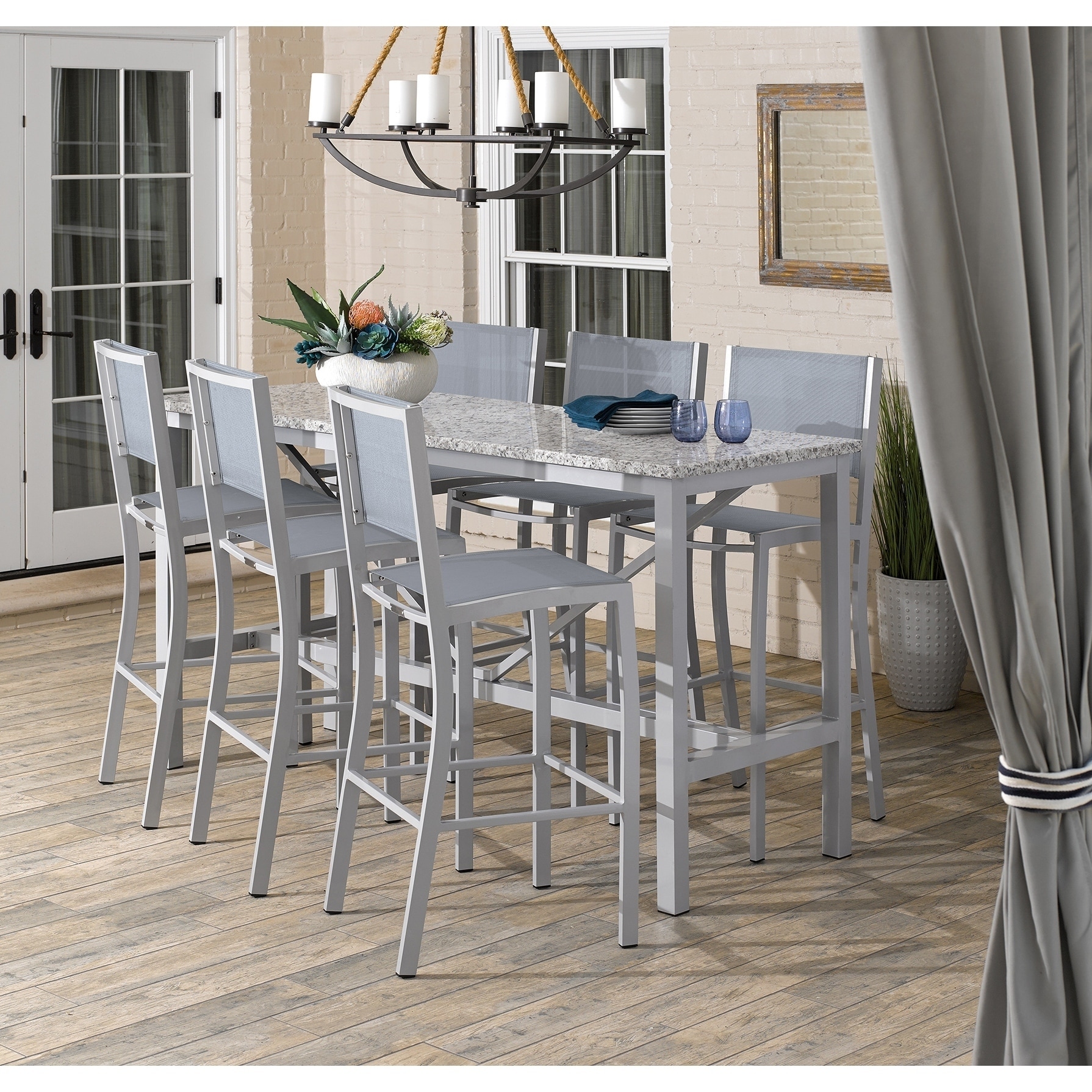 Oxford Garden Travira 7 piece 72 in x 30 in Lite Core Ash Bar Table & Sling Bar Chair Set Slate Sling