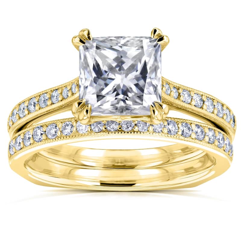 Annello by Kobelli 14k Gold 2 1/3ct TGW Princess Moissanite and Diamond Square Shank Trellis Bridal Set (GH/VS, GH/I)