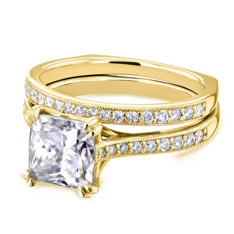 Annello by Kobelli 14k Gold 2 1/3ct TGW Princess Moissanite and Diamond Square Shank Trellis Bridal Set (GH/VS, GH/I)
