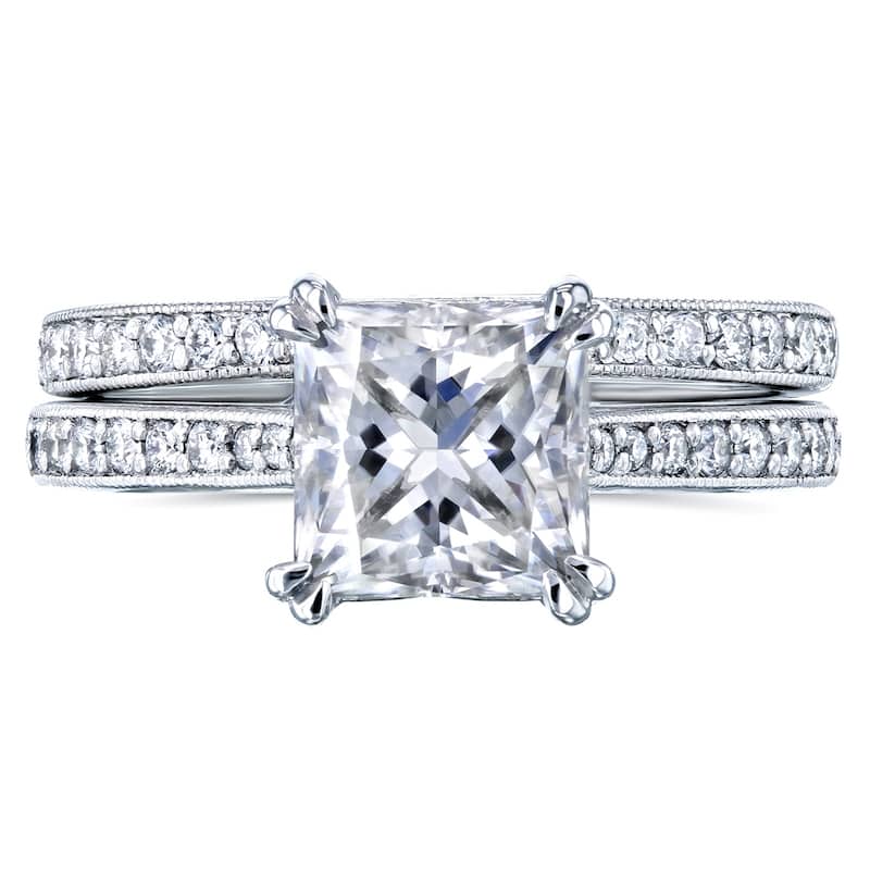 Annello by Kobelli 14k Gold 2 1/3ct TGW Princess Moissanite and Diamond Square Shank Trellis Bridal Set (GH/VS, GH/I)