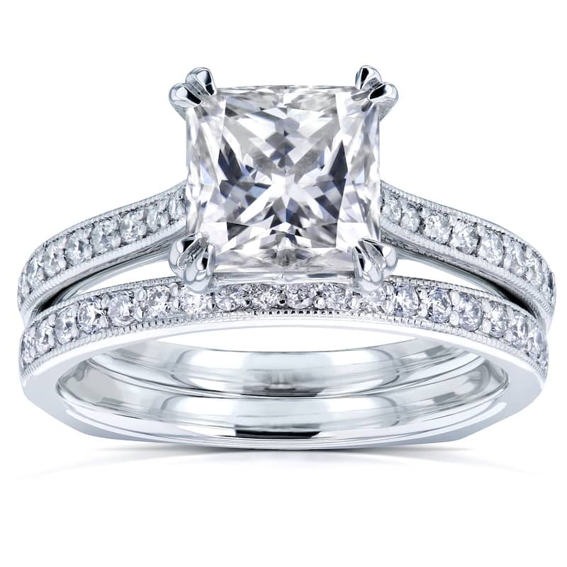 Annello by Kobelli 14k Gold 2 1/3ct TGW Princess Moissanite and Diamond Square Shank Trellis Bridal Set (GH/VS, GH/I)