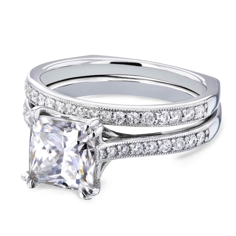 Annello by Kobelli 14k Gold 2 1/3ct TGW Princess Moissanite and Diamond Square Shank Trellis Bridal Set (GH/VS, GH/I)