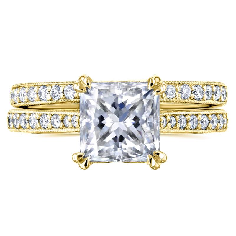 Annello by Kobelli 14k Gold 2 1/3ct TGW Princess Moissanite and Diamond Square Shank Trellis Bridal Set (GH/VS, GH/I)