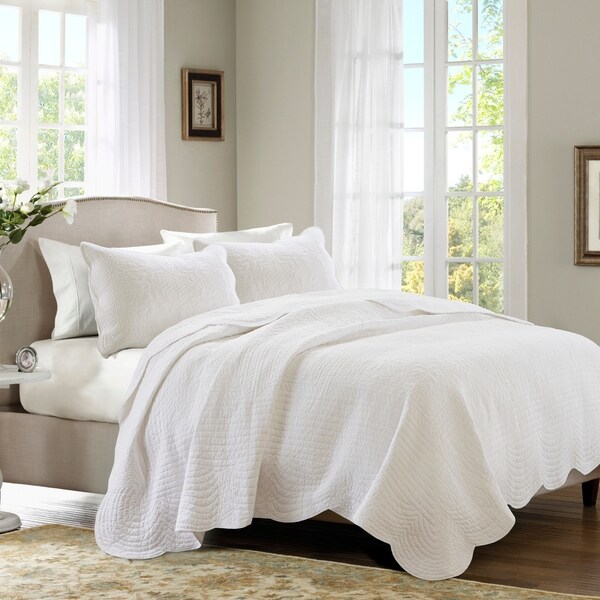 Madison Park Marino White Reversible Scalloped Edge Coverlet Set