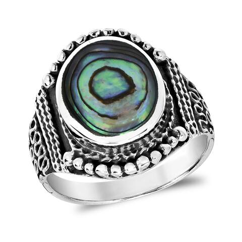 Handmade Rainbow Stone Vintage Oval Sterling Silver Ring (Thailand)