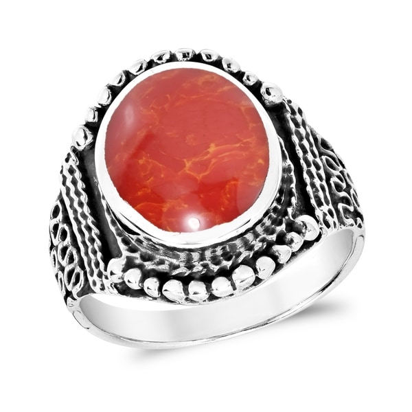 Sterling Silver Red Dark Amber Oval Filigree Ring
