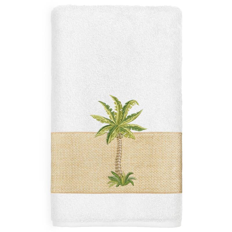 Authentic Hotel and Spa Turkish Cotton Palm Tree Embroidered White Bath Towel