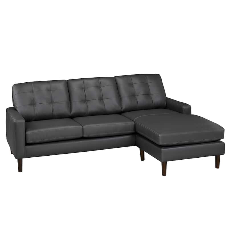 Chet Mid Century Modern Dark Grey Top Grain Leather Tufted Sectional Sofa