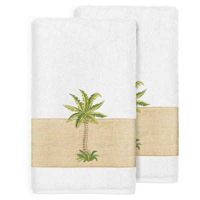 Authentic Hotel and Spa Turkish Cotton Palm Tree Embroidered White Bath Towels (Set of 2)