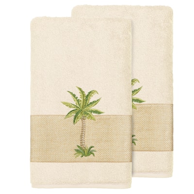 Authentic Hotel and Spa Turkish Cotton Palm Tree Embroidered Cream Bath Towels (Set of 2)