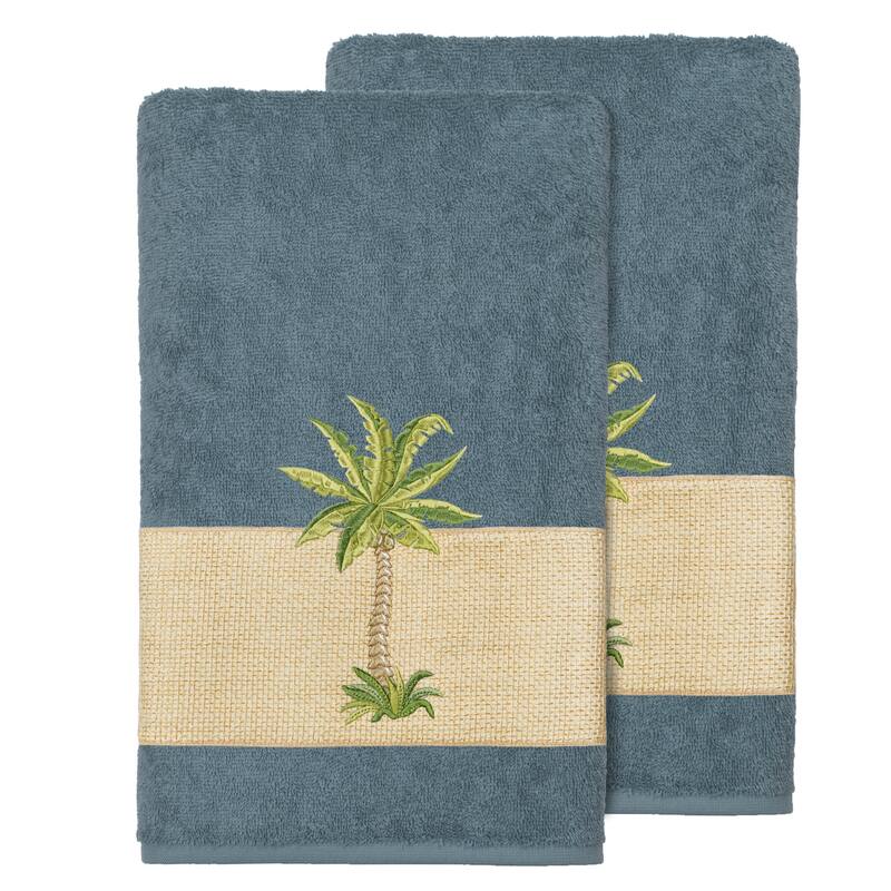 Authentic Hotel and Spa Turkish Cotton Palm Tree Embroidered Teal Bath Towels (Set of 2)