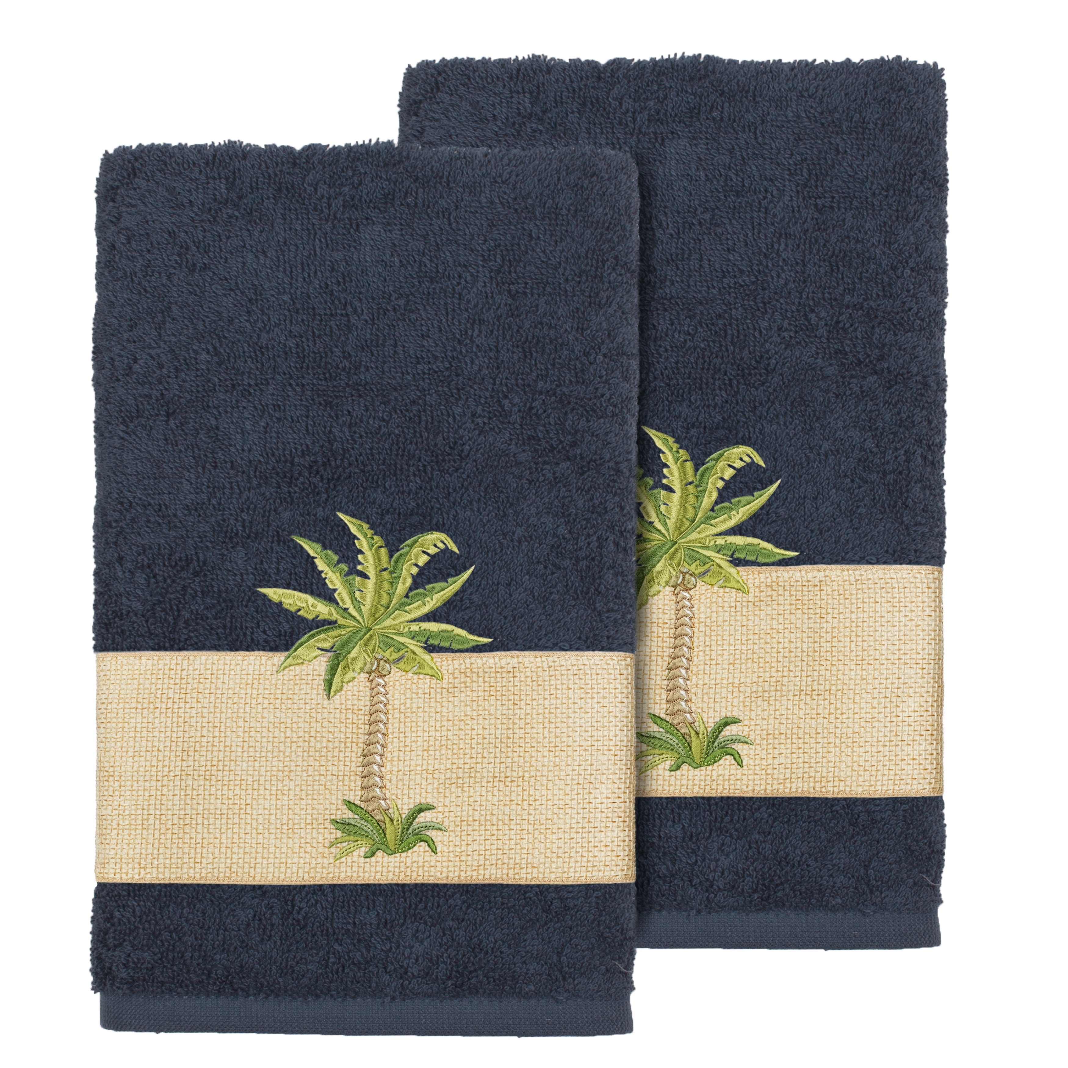 Authentic Hotel And Spa Turkish Cotton Palm Tree Embroidered Midnight Blue Hand Towels Set Of 2 Authentic Hotel And Spa Turkish Cotton Palm Tree Embroidered Midnight Blue Hand Towels Set Of 2