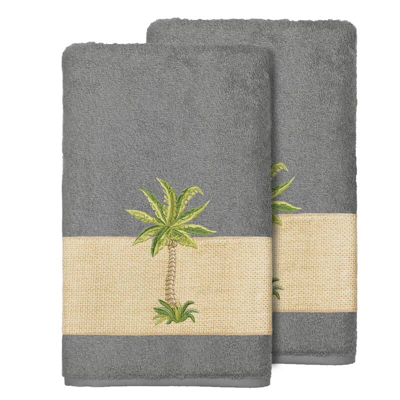 Authentic Hotel and Spa Turkish Cotton Palm Tree Embroidered Charcoal Grey Bath Towels (Set of 2)