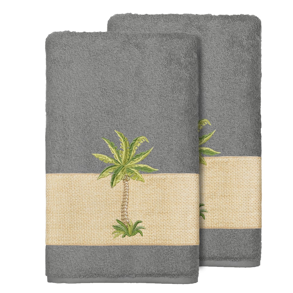 Authentic Hotel and Spa Turkish Cotton Palm Tree Embroidered Charcoal Grey Bath Towels (Set of 2)