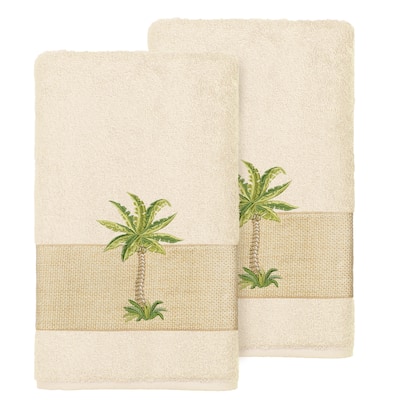 Authentic Hotel and Spa Turkish Cotton Palm Tree Embroidered Cream Hand Towels (Set of 2)