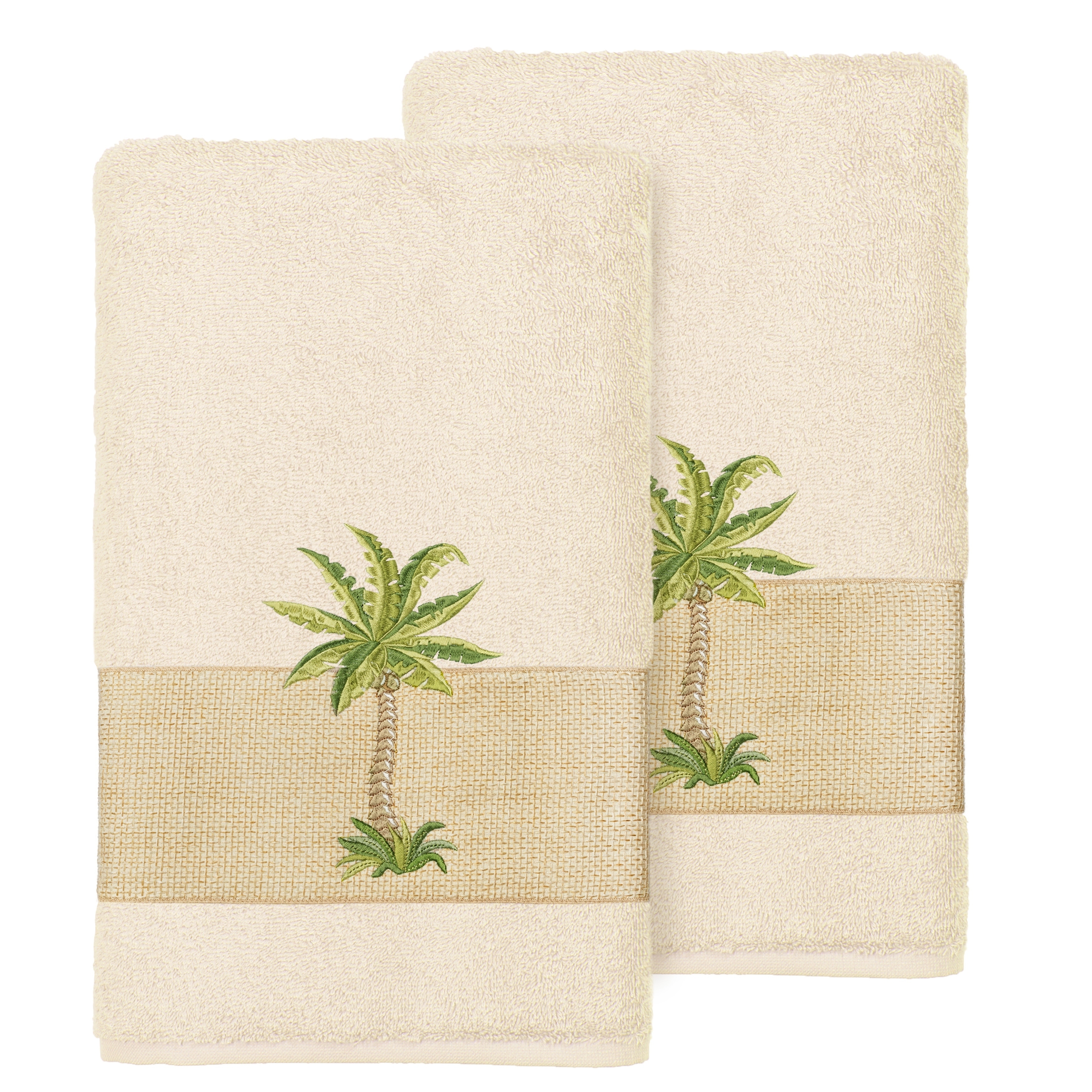 Authentic Hotel and Spa Turkish Cotton Palm Tree Embroidered Cream Hand Towels (Set of 2)