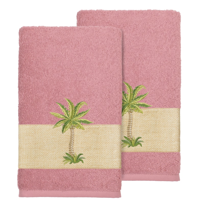 Authentic Hotel and Spa Turkish Cotton Palm Tree Embroidered Tea Rose Hand Towels (Set of 2)