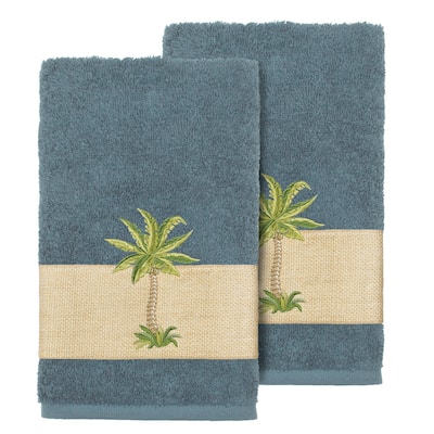Authentic Hotel and Spa Turkish Cotton Palm Tree Embroidered Teal Hand Towels (Set of 2)