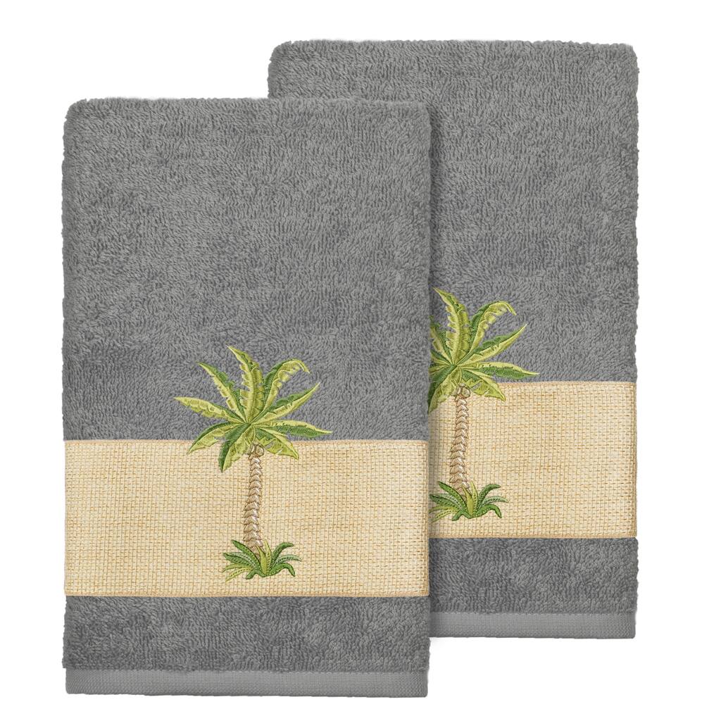 Authentic Hotel and Spa Turkish Cotton Palm Tree Embroidered Charcoal Grey Hand Towels (Set of 2)