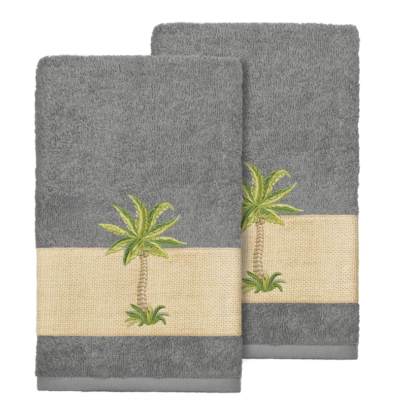 Authentic Hotel and Spa Turkish Cotton Palm Tree Embroidered Charcoal Grey Hand Towels (Set of 2)