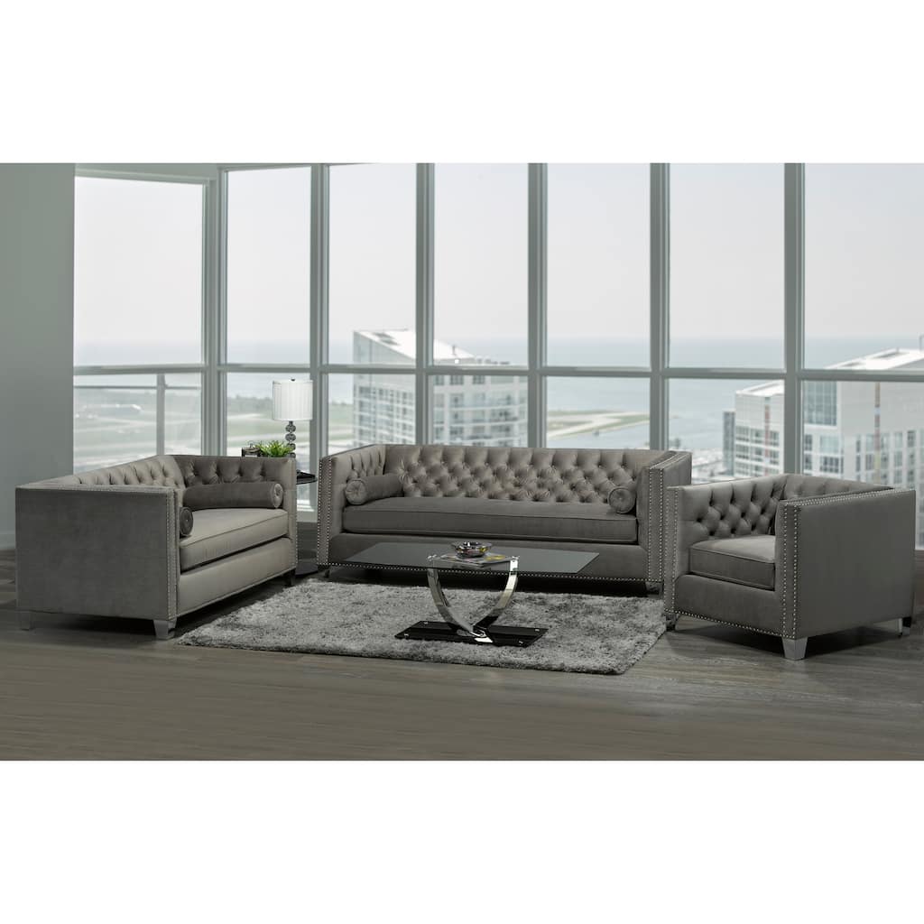 Hank Modern Grey Velvet Tufted Nailhead Sofa, Loveseat and Chair - Natural