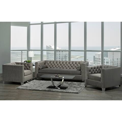 Hank Modern Grey Velvet Tufted Nailhead Sofa and Two Chairs - Natural