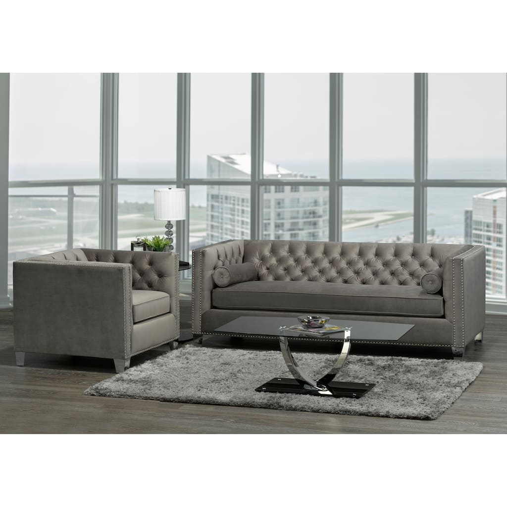 Hank Modern Grey Velvet Tufted Nailhead Sofa and Chair - Natural