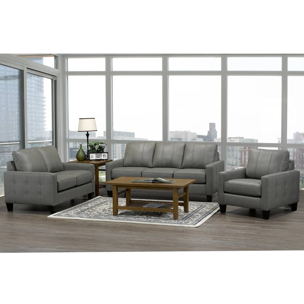 Roy Mid Century Modern Grey Top Grain Italian Leather Tufted Sofa, Loveseat and Chair