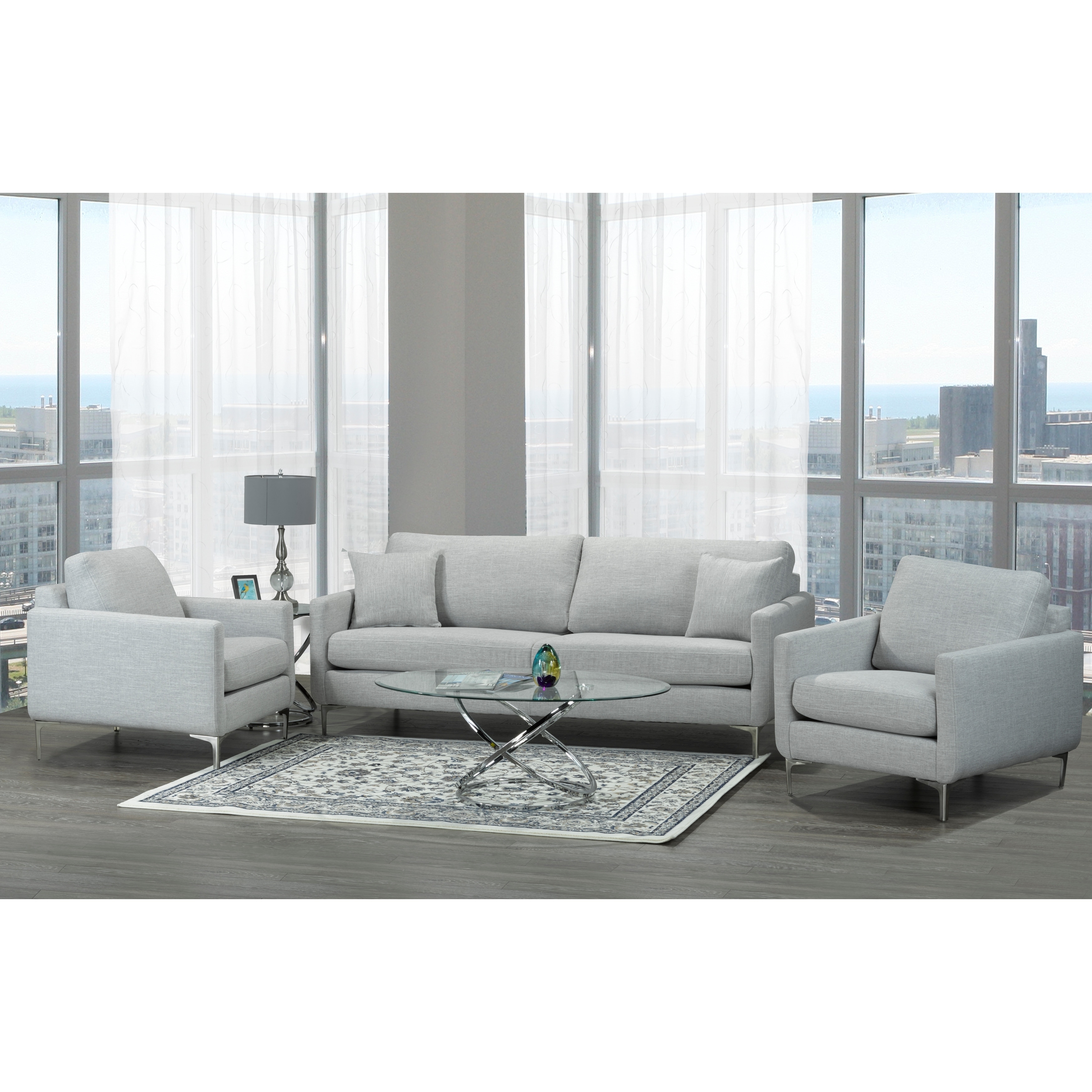 Rose Mid Century Modern Grey Fabric Sofa and Two Chairs