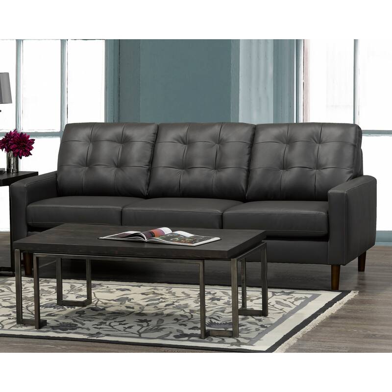 Gunner Mid Century Modern Dark Grey Top Grain Italian Leather Tufted Sofa and Loveseat