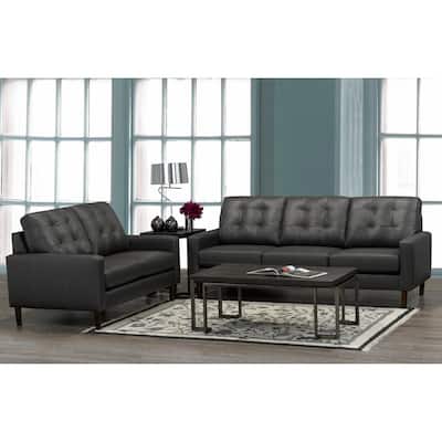 Gunner Mid Century Modern Dark Grey Top Grain Italian Leather Tufted Sofa and Loveseat
