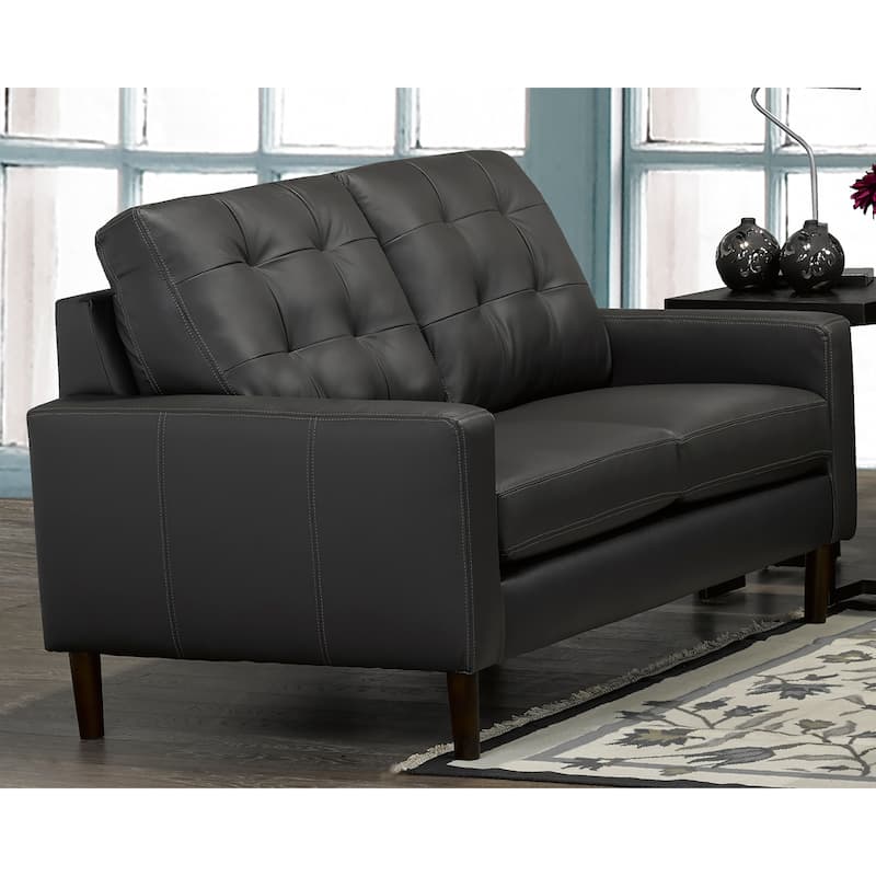 Gunner Mid Century Modern Dark Grey Top Grain Italian Leather Tufted Sofa and Loveseat