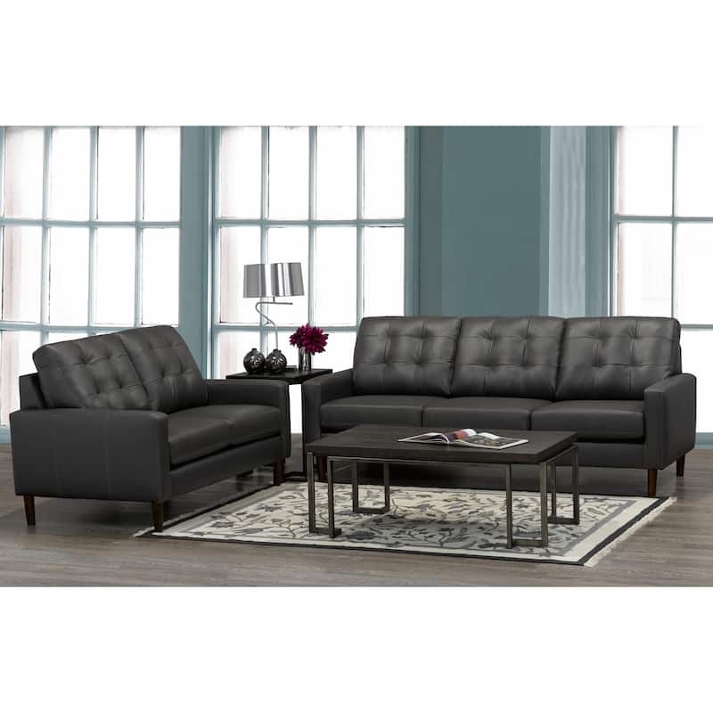 Gunner Mid Century Modern Dark Grey Top Grain Italian Leather Tufted Sofa and Loveseat