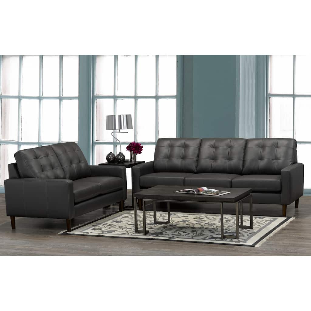 Gunner Mid Century Modern Dark Grey Top Grain Italian Leather Tufted Sofa and Loveseat