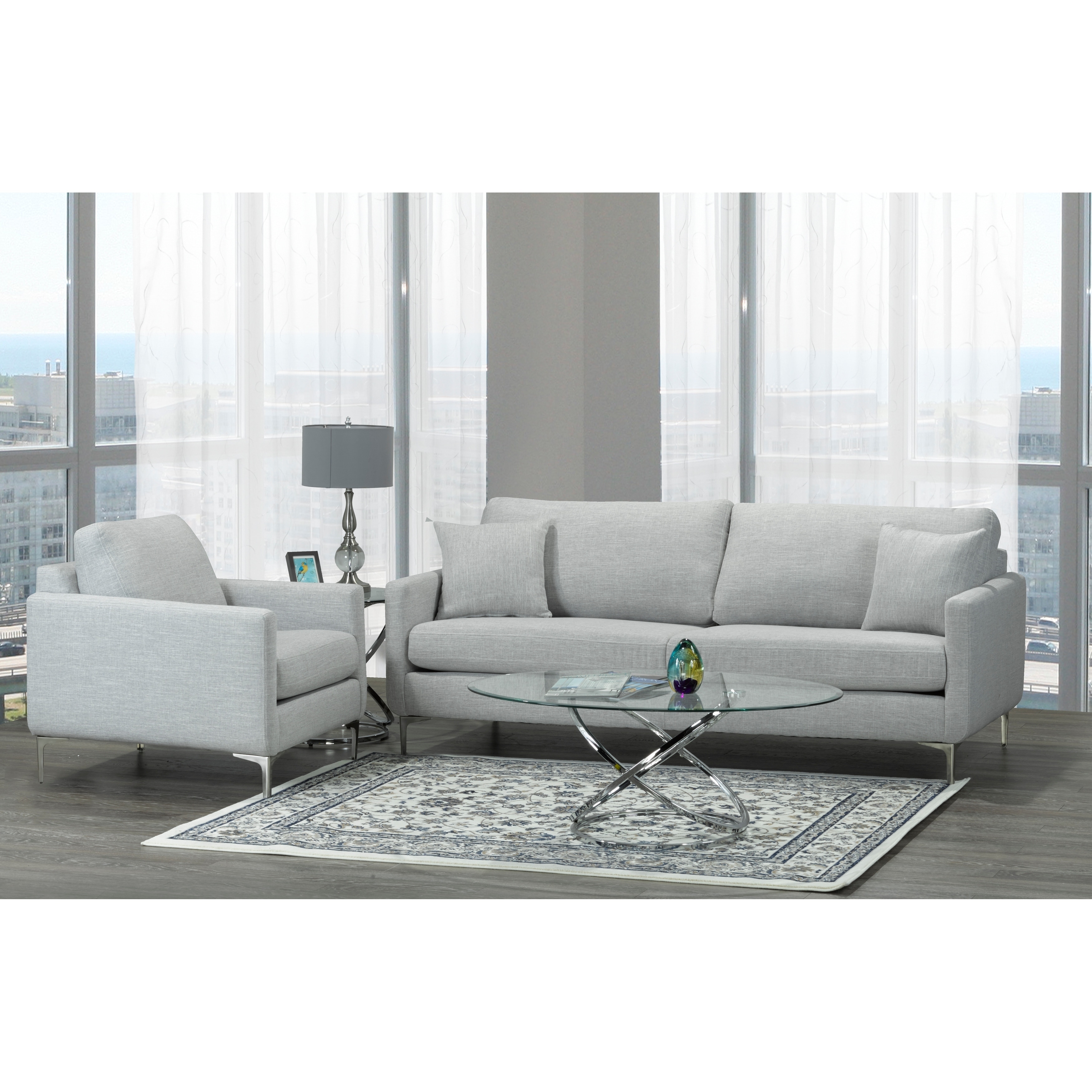 Rose Mid Century Modern Grey Fabric Sofa and Chair