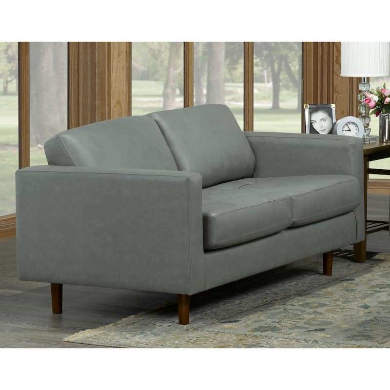 Booker Mid Century Modern Grey Top Grain Italian Leather Tufted Sofa and Loveseat